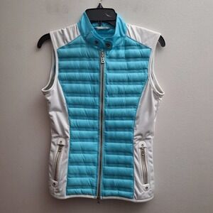 Bogner Womens Vest 4 Blue White Down Feather Zip Front Pockets Lightweight Top